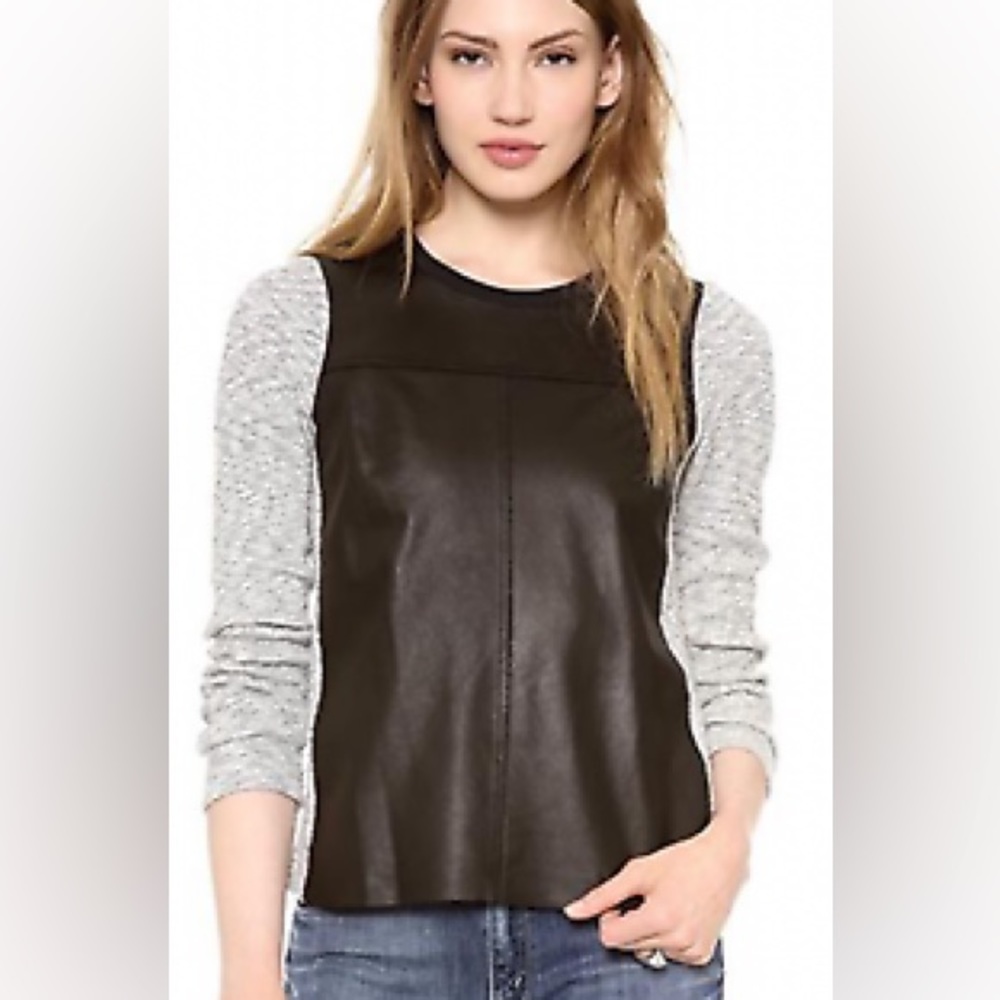 Lamb Leather Rebecca Taylor Soft Black Mixed Media Minimalist Designer Sweater